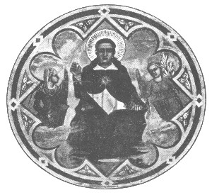 St. Thomas as Justice.
Roof medallion from Orcagna's
Triumph of St. Thomas, in the
Strozzi Chapel, Church of 
Santa Maria Novella, Florence.